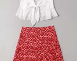 Eyelet Embroidery Knot Cami & Ditsy Floral Ruffle Hem Skirt