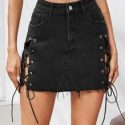 Eyelet Lace Up Raw Hem Denim Skirt