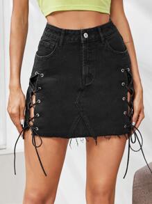 Eyelet Lace Up Raw Hem Denim Skirt