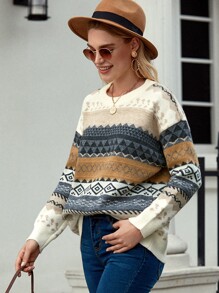 Fair Isle Pattern Drop Shoulder Sweater