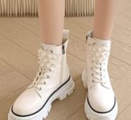 Faux Pearl Decor Combat Boots
