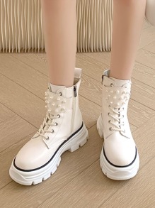 Faux Pearl Decor Combat Boots