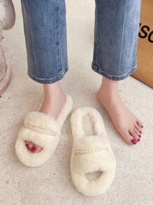 Faux Pearl Decor Open Toe Slippers