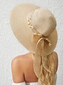 Faux Pearl & Floral Decor Straw Hat