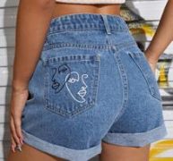 Figure Graphic Cuffed Hem Denim Shorts