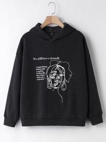 Figure & Slogan Graphic Drop Shoulder Thermal Hoodie