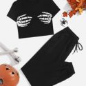 Finger Skeleton Print Crop Tee & Drawstring Waist Sweatpants