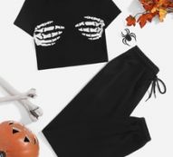 Finger Skeleton Print Crop Tee & Drawstring Waist Sweatpants