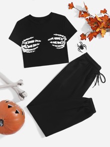 Finger Skeleton Print Crop Tee & Drawstring Waist Sweatpants