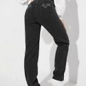 Fire Embroidery Asymmetrical Waist Straight Jeans