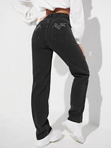 Fire Embroidery Asymmetrical Waist Straight Jeans