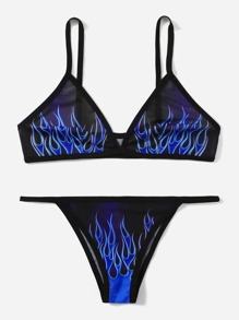 Fire Pattern Mesh Lingerie Set