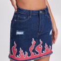 Fire Print Raw Hem Denim Skirt