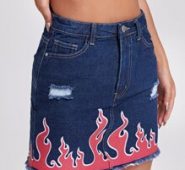 Fire Print Raw Hem Denim Skirt
