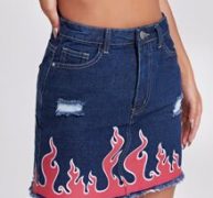 Fire Print Raw Hem Denim Skirt