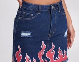 Fire Print Raw Hem Denim Skirt
