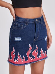 Fire Print Raw Hem Denim Skirt