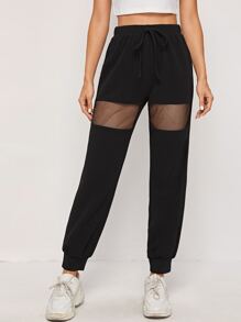 Fishnet Insert Drawstring High-Rise Joggers