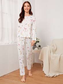 Flamingo Print Pajama Set With Eye Cover