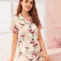 Flamingo Print Satin Pajama Set