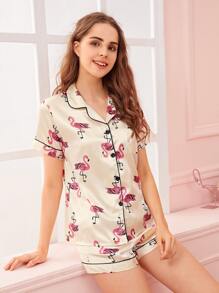 Flamingo Print Satin Pajama Set