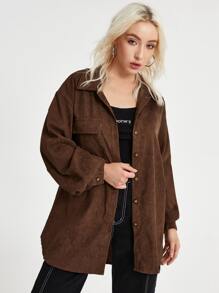 Flap Pocket Button Front Corduroy Blouse