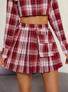 Flap Pocket Chain Detail Plaid Skirt