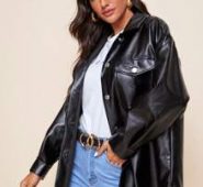 Flap Pocket Front Curved Hem PU Leather Coat
