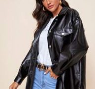 Flap Pocket Front Curved Hem PU Leather Coat