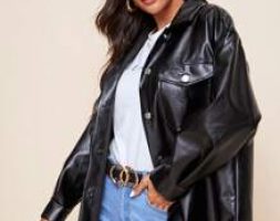 Flap Pocket Front Curved Hem PU Leather Coat
