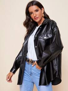 Flap Pocket Front Curved Hem PU Leather Coat