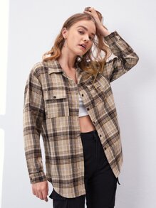 Flap-Pocket Plaid Boyfriend Shirt