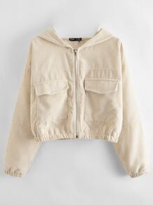 Flap Pocket Zip Up Corduroy Crop Jacket