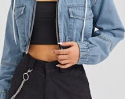 Flap Pockets Drawstring Hooded Denim Jacket