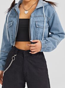 Flap Pockets Drawstring Hooded Denim Jacket