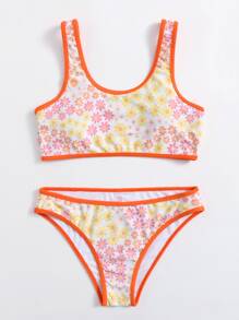 Floral Contrast Binding Bikini Swimsuit