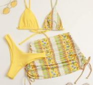 Floral Drawstring Bikini Swimsuit & Cover Up Skirt