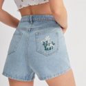 Floral Embroidered Light Wash Denim Shorts