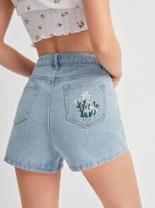 Floral Embroidered Light Wash Denim Shorts