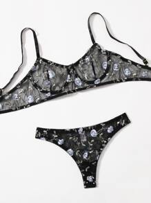 Floral Embroidered Mesh Lingerie Set