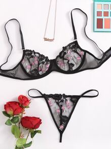 Floral Embroidered Mesh Lingerie Set