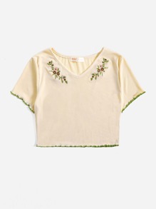 Floral Embroidery Lettuce Trim Tee