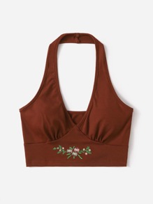 Floral Embroidery Ribbed Halter Top