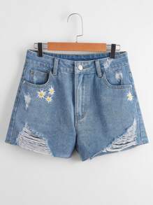 Floral Embroidery Ripped Denim Shorts