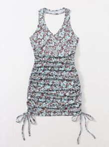 Floral Graphic Drawstring Ruched Halter Dress