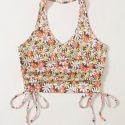 Floral Graphic Drawstring Ruched Halter Top