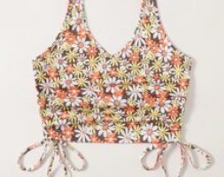 Floral Graphic Drawstring Ruched Halter Top