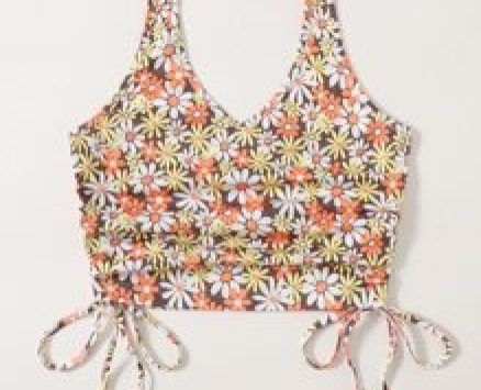 Floral Graphic Drawstring Ruched Halter Top