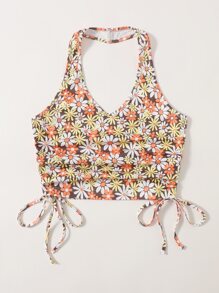 Floral Graphic Drawstring Ruched Halter Top