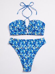 Floral Halter High Waisted Bikini Swimsuit